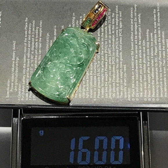 Vtg Signed Gilt 925 Sterling Carved Fish Jade Pendant Emerald Sapphire Ruby - Picture 11 of 12